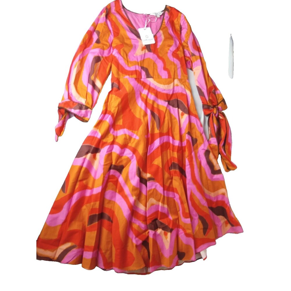 LaRoque Davis Dress Orange Pink Groovy Wave Long Tie Sleeve XS $358